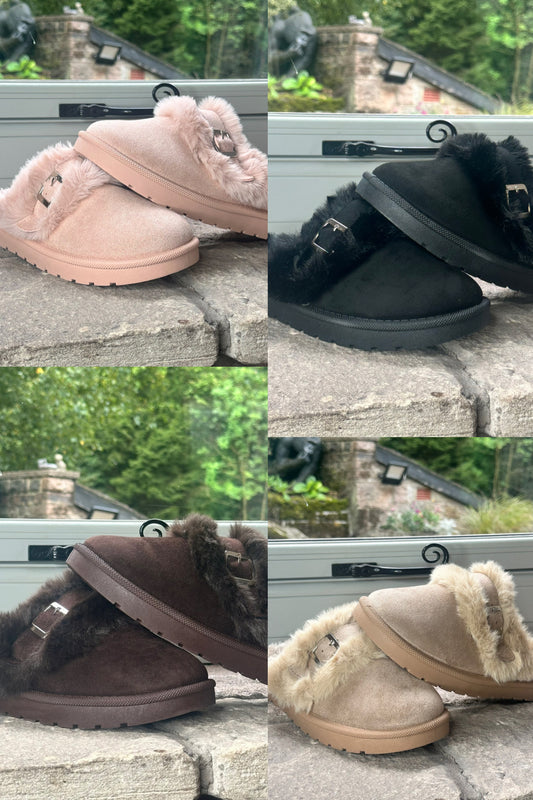 FAUX Fur Buckle Slipper - Suede effect