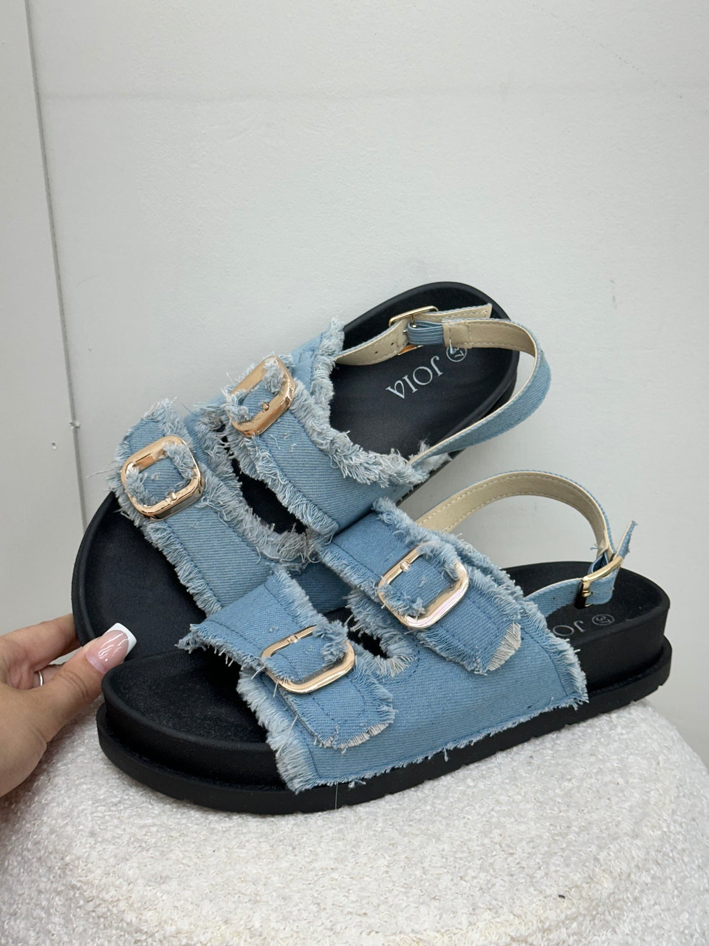 DENIM GOLD BUCKLE SANDALS