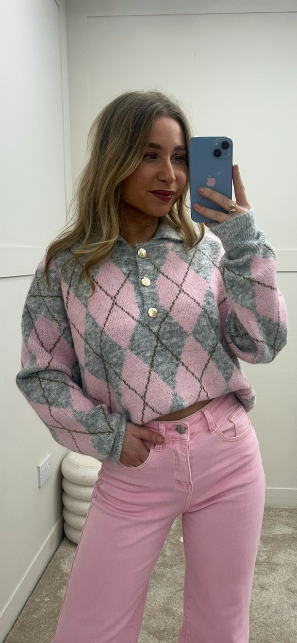 Grey + Pink Luxe Jumper with button detail