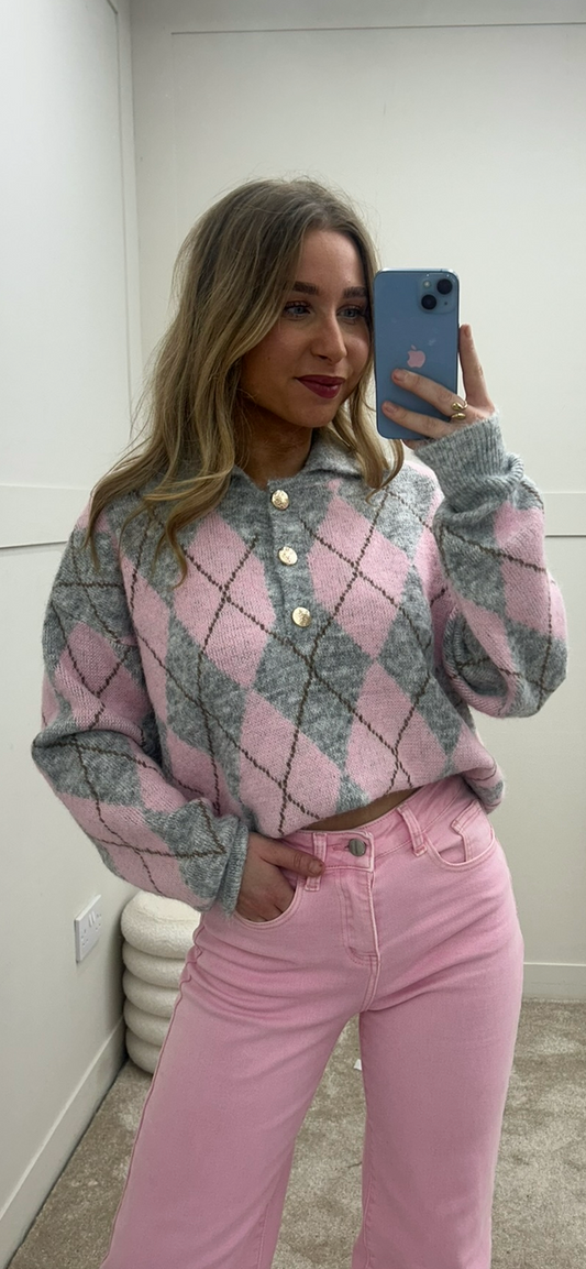 Grey + Pink Luxe Jumper with button detail