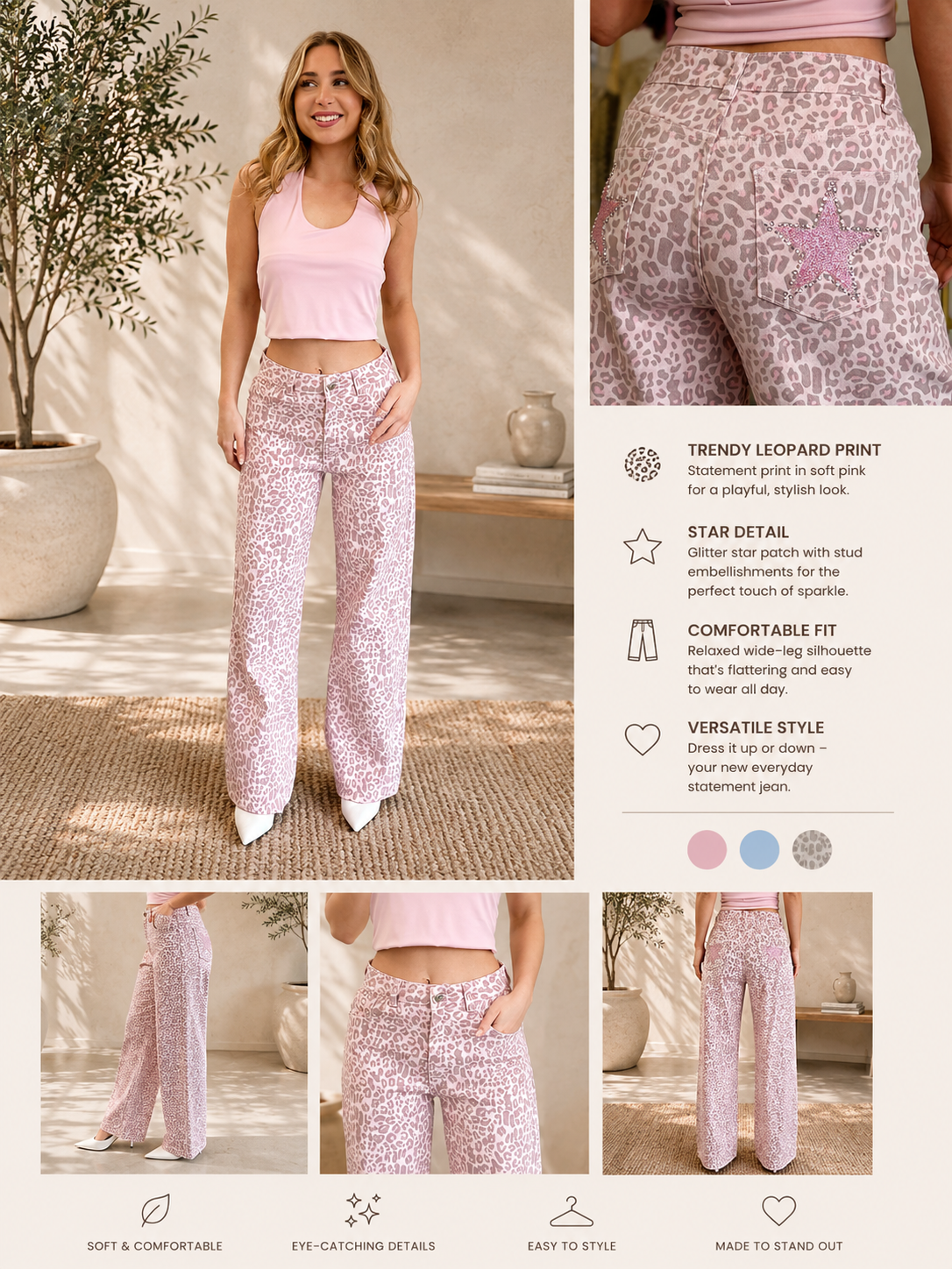 DIVA - Pink Peopard Jeans With a Sparkled Back Pocket Detail.( 31inches)