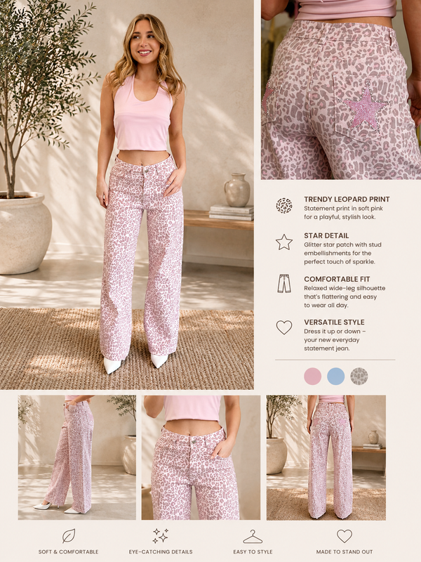 DIVA - Pink Peopard Jeans With a Sparkled Back Pocket Detail.( 31inches)