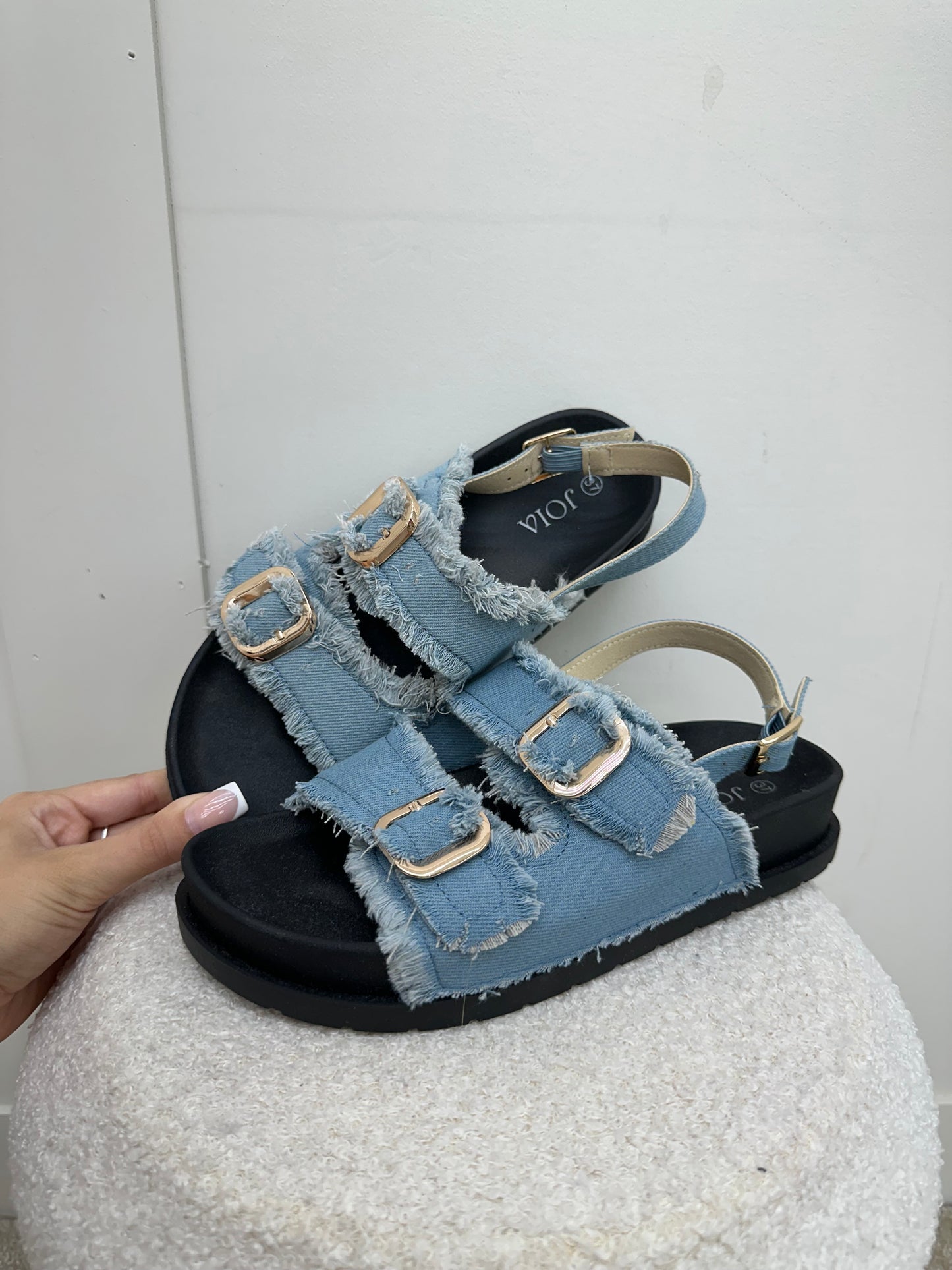 DENIM GOLD BUCKLE SANDALS