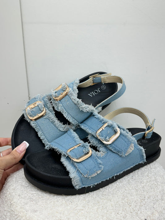 DENIM GOLD BUCKLE SANDALS